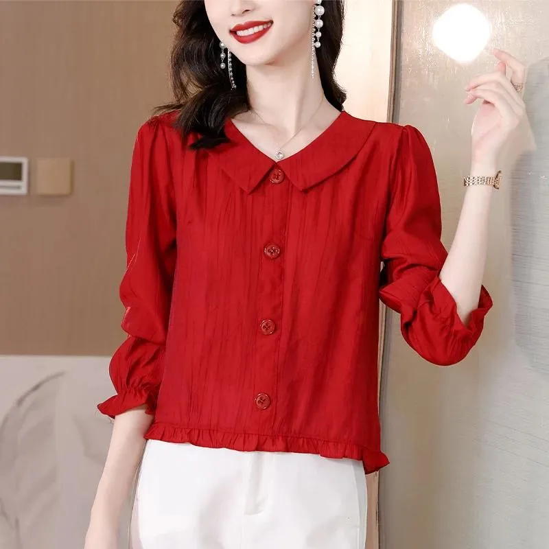 Kvinnors blusar 2023 Summer Cotton Linen Single-Breasted Doll Collar Shirt Sju-punkts ärm medelålders fashionabla kvinnliga toppar T434