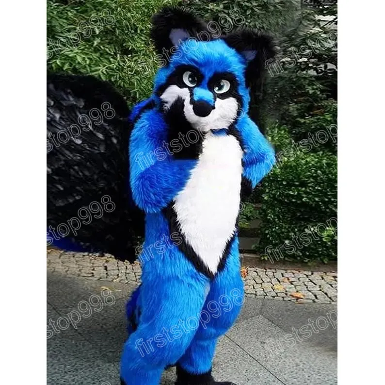Costume della mascotte del cane Husky a pelo lungo blu di Halloween Personaggio a tema anime dei cartoni animati di alta qualità Taglia per adulti Vestito per pubblicità esterna per feste di Natale