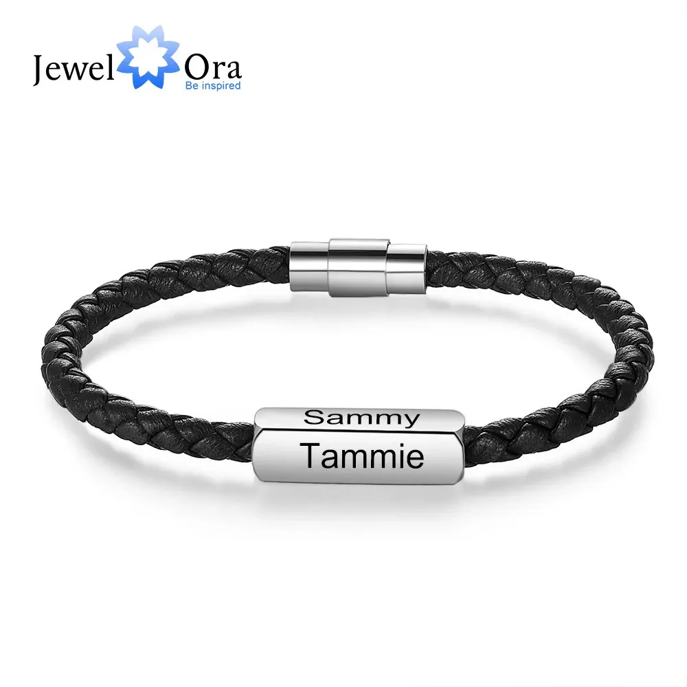 Brazalete Grabado personalizado 14 nombres Pulseras de pulsera de acero inoxidable Cuero trenzado negro para hombres Regalos 231023