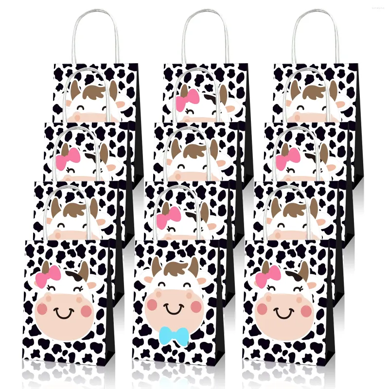 غلاف الهدية BD037 12PCS Cartoon Farm Animals Milk Cow Birthday Party Portable Tote Paper Return Acags Decors Dust Decors