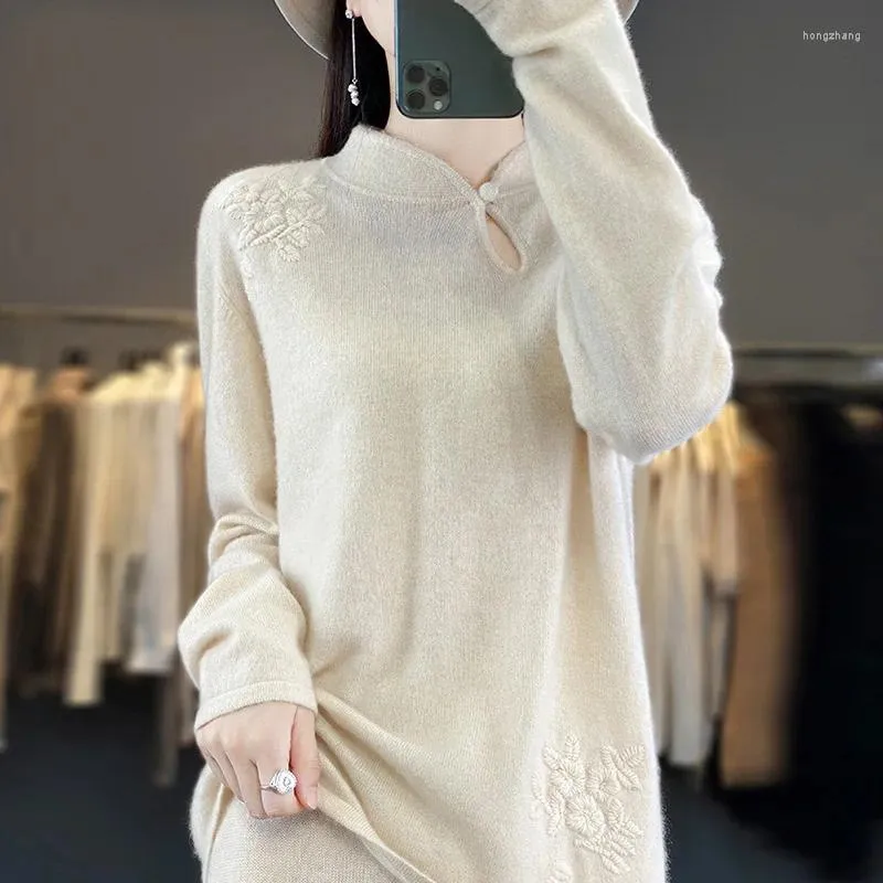 Suéteres femininos Mulheres 100 Pure Cashmere Sweater Meia Gola Bordada Outono Inverno Chegada Pulôver Solto Base de Malha