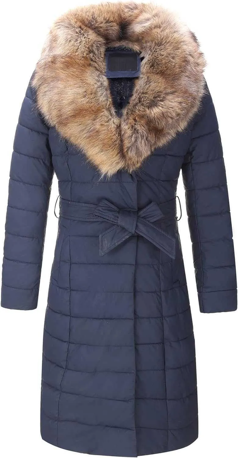 Bellivera Damen-Pufferjacke, Kunstleder, Blasenpolsterung, Sherpa-Futter, Mantel mit abnehmbarem Pelzkragen, 7VTNU