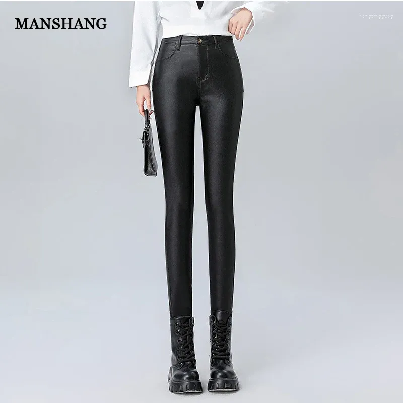 Женские брюки, зимние кожаные черные тонкие классические брюки с высокой талией, плотные брюки из искусственной кожи для женщин, 2023
