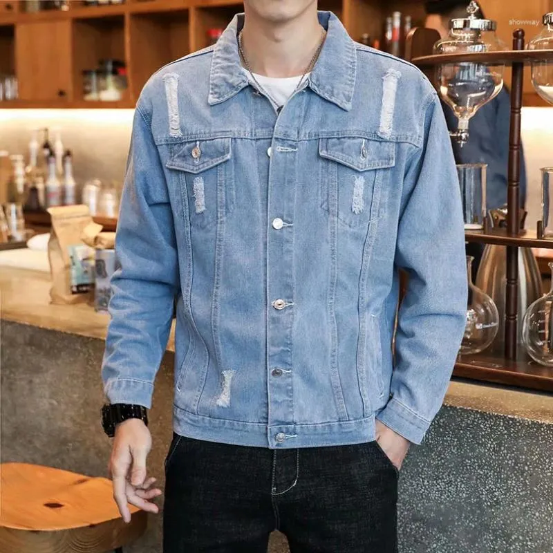 Herrjackor fjäder denim jacka solid bomull casual ytterkläder hål långärmad jeans kappa streetwear cowboy 2023 hösten frayed