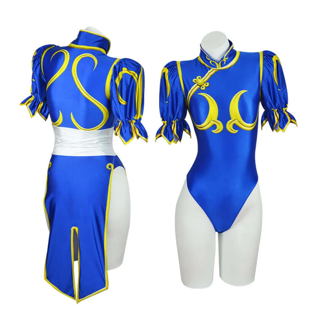 chun li blue dress Chun Li Cosplay Costume Street Fighter Blue Cheongsam – Kawaii Stop main image 0