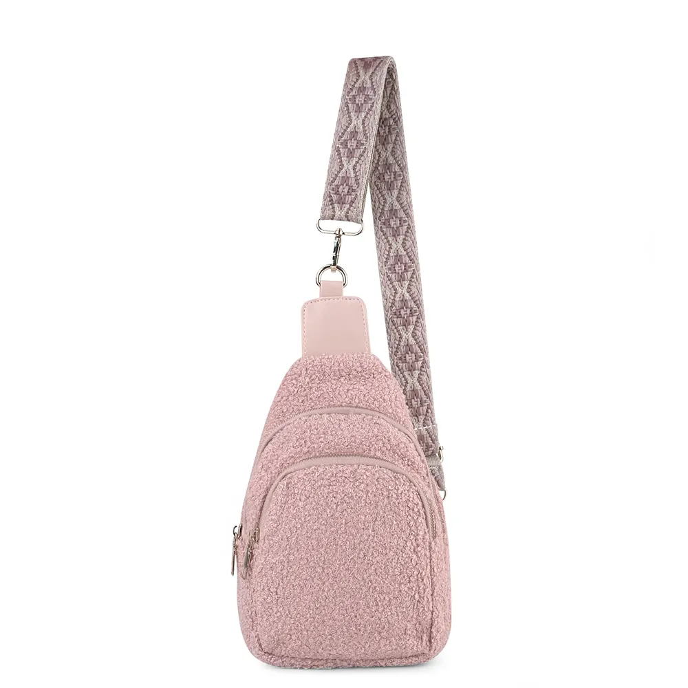 Sherpa – sacs de jour à double fermeture éclair, sacs à bandoulière en polaire de couleur avec bandoulière de guitare Jacquard, sac à bandoulière d'extérieur DOMIL2418