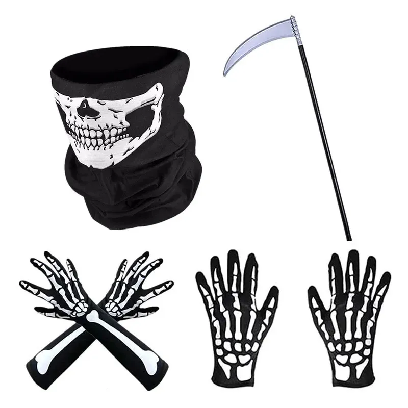 Maski imprezowe Grim Reaper Scy i przerażające rękawiczki szkieletowe Grum Reaper Accessory Set Halloween Scythe Party Party Costum