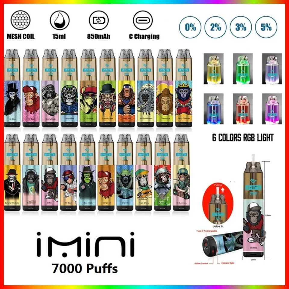 IMINI tornado 7000 Puff 7k Disposable E-cigarettes Features 15ml Vape 0% 2% 3% 5% Rechargeable 850mAh r m vape 7000 puf pufs 7000puffs 9000 9k 12k puffs Cherry France vapers