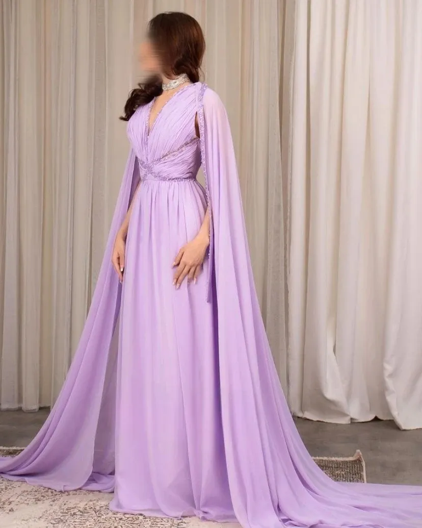 Perline di chiffon Paillettes Abiti da ballo Maniche ad aletta Strascico Watteau Increspato A-Line Lunghezza pavimento Arabia Saudita Abiti eleganti per feste di compleanno 2024 Vestidos De Fieast