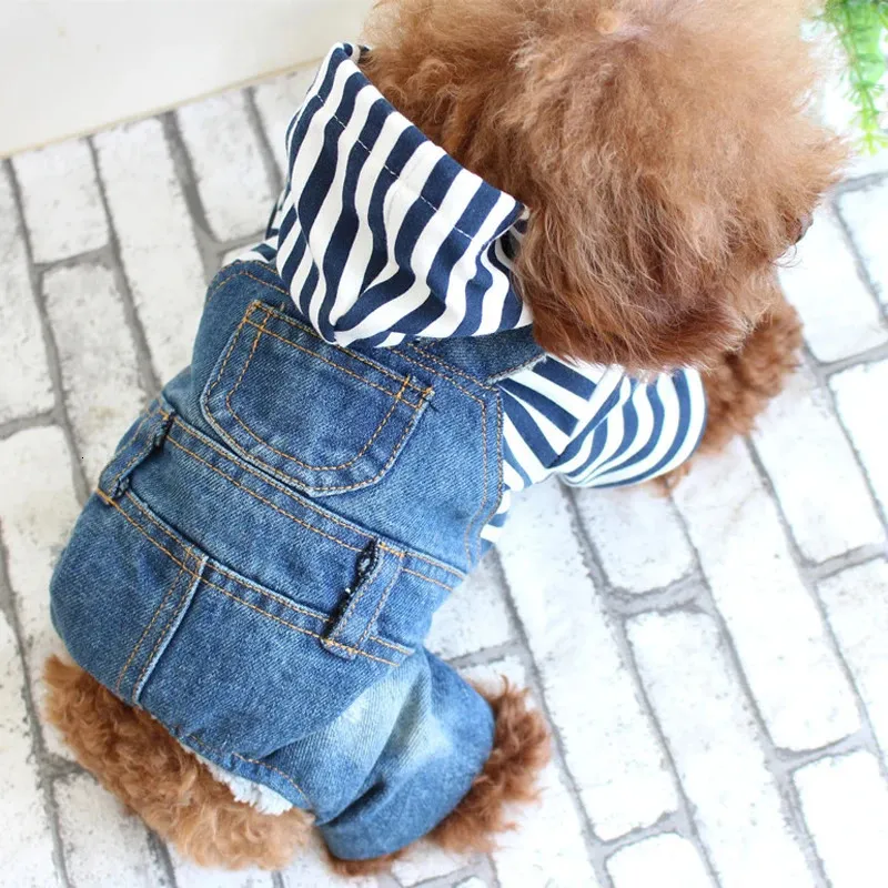 Odzież dla psów przez cały sezon ciepłe dżinsowe ubrania pies -płaszcz z kapturem dla psów odzież w paski chihuahua ubrania psa
