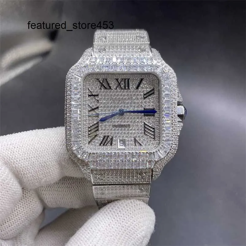 VVS Diamond Watch bezel Iced out herenhorloge met volledige kast, baguettestenen en Romeinse wijzerplaat, automatisch glanzend