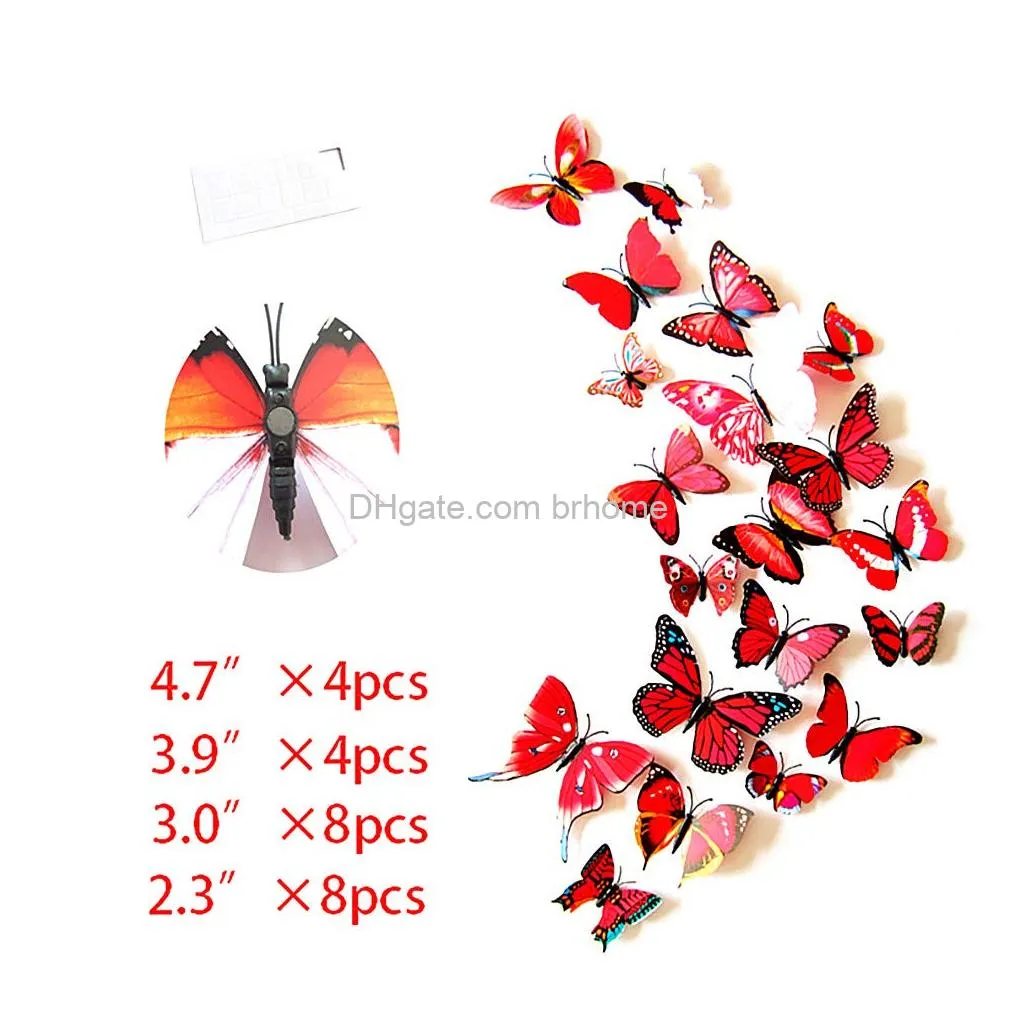 ウォールステッカー3Dバタフライ装飾蝶のデカールは女の子のために取り外し可能な子供の寝室と部屋の装飾壁画赤いドロップデリバリーアミール