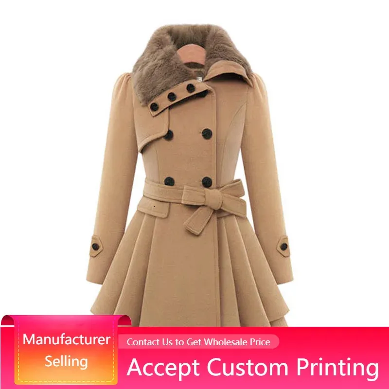 Women's Wool Blends Women Wool Coat Dress Jacket Slim Windbreaker Sexy Long Woolen Trench Belted Pea Coat Double Breasted Ladies Winter Clothing 231023