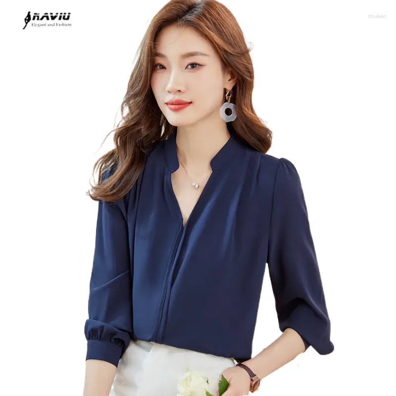 Women's Blouses NAVIU Navy Blue Shirt Women Autumn High End Temperament V Neck Professional Formal Office Ladies Work Tops White