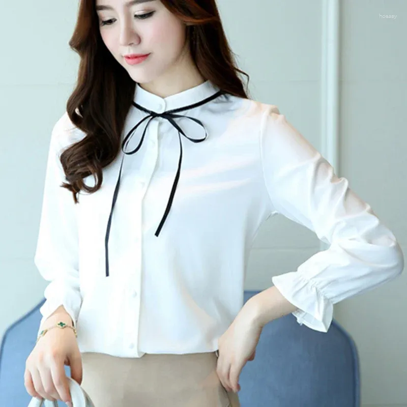 Women's Blouses White Chiffon Blouse Women Shirt Stand Bow Puff Sleeve Womens Slim Elegant Casual Tops Femme Work Shirts Blusas Feminina