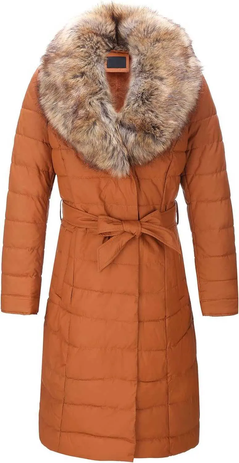 Bellivera 58G7R Veste doudoune en simili cuir avec rembourrage à bulles et doublure Sherpa avec col en fourrure amovible pour femme