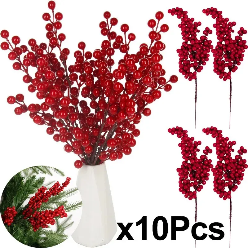 Dekorativa blommor kransar Xmas Simulation Berry 14 huvuden Red Berries gren Artificial Flower Fruit Cherry Plant för Chriatmas Tree Home Party Decorations 231023