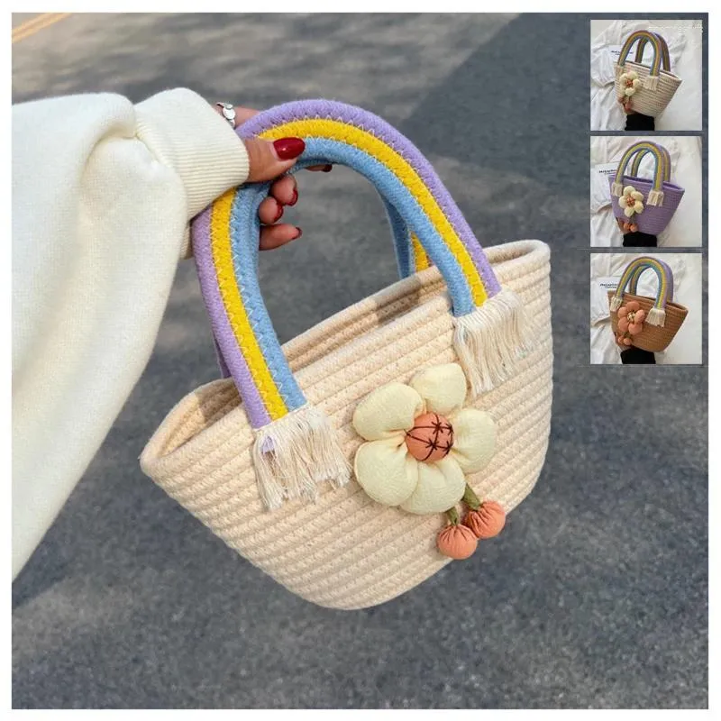 Sacs de rangement Bohemian Beach Sac de paille pour femmes Sac à main Herbe naturelle Tissé à la main Poignée de fleur Totes Accessoires pour enfants mignons