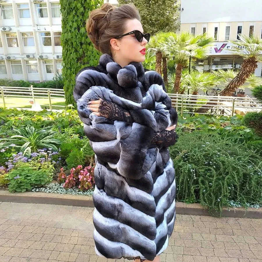 Faux Fur Chinchilla Coat Soft Rex Rabbit Jacket Classic Stand Collar Overcoat for Women