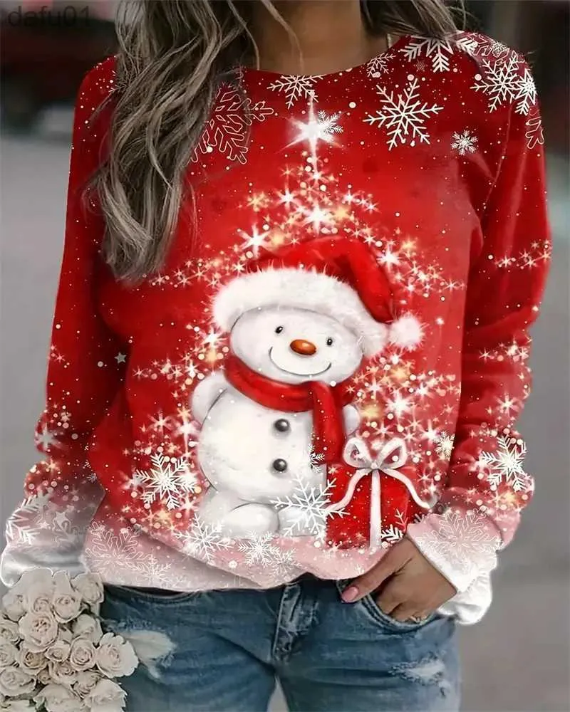 Women's Sweaters 2023 autumn and winter plus size Christmas casual tops women's large color block snowman print long-sleeved round neck tops 6XLL231024