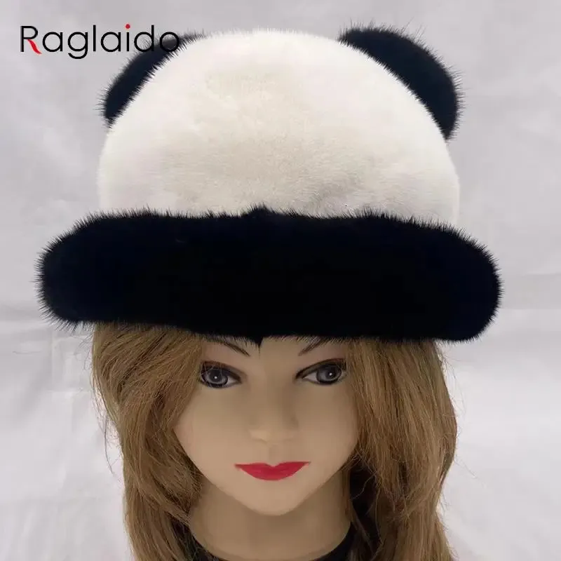 Szerokie czapki kadłubowe czapki ciepłe futrzane wiadra czapka dla kobiet zima naturalne norek futrzane czapki ucha 231023