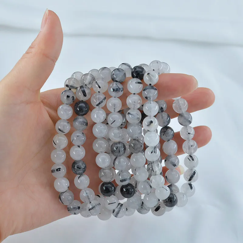 Bracelet à quartz en pierre naturelle de 8mm, cheveux noirs, pierres précieuses, pouvoir de guérison, perles d'énergie, pierre extensible élastique, perles rondes