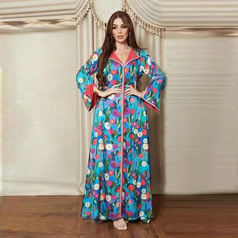 Ethnic Clothing Arabian Dubai Print Skirt Muslim Dress Satin Panels Twisted Diamond Fashion Jalabia Robe Abayas For Women Sets