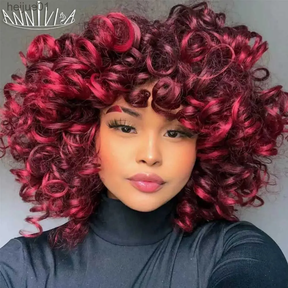Synthetic Wigs Short Curly Wine Red Wig with Bangs Afro Kinky Curly Wig Bouncy Fluffy Synthetic Hair Wigs For Black Women Cosplay Party WigL231024