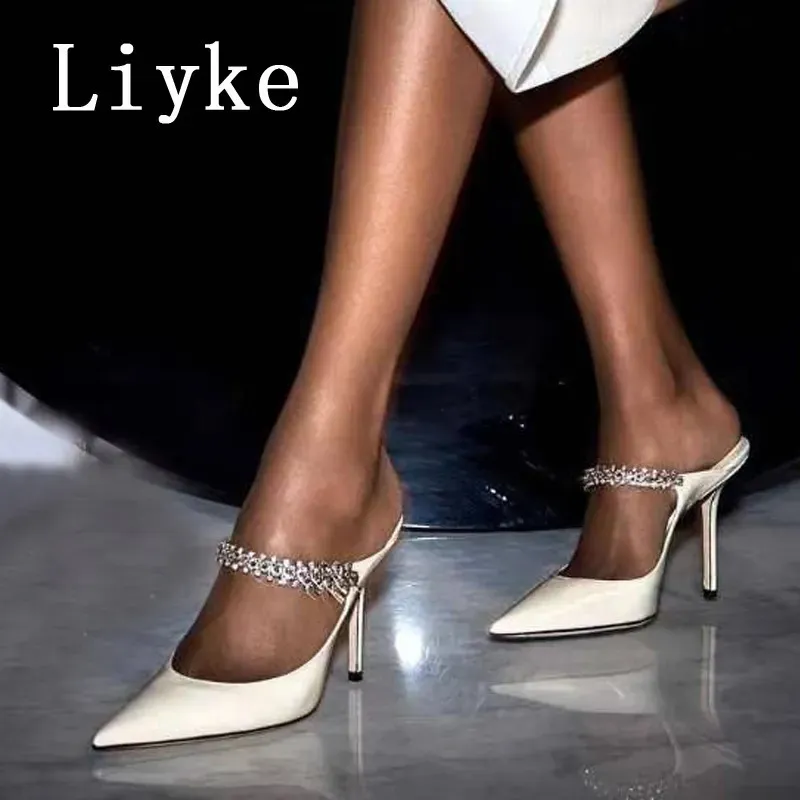 Chaussures de robe Liyke Marque Mode Strass Femmes Pompes En Cuir Blanc Mince Talons Hauts Mules Sandales Sexy Bout Pointu Stiletto Chaussures Pantoufles 231024