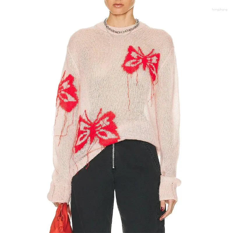 Kvinnors tröjor fjäril mönster o-hals långärmad hål lös pullover casual topp stickad tofs mode rosa tröja kvinnlig 2023 hösten