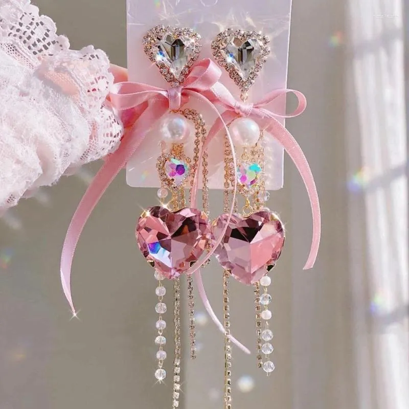 Baumeln Ohrringe Koreanische Luxus Elegante Garn Bowknot Herz Kristall Lange Quaste Drop Für Frauen Mädchen Urlaub Partei Schmuck