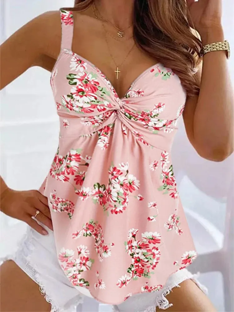 Camisoles Tanques Mulheres Sexy Twist Front Floral Ruffled Camisole Bonito Ruched Tank Top Verão Casual Sem Mangas Camisa Solta Fit Cami Top 231021