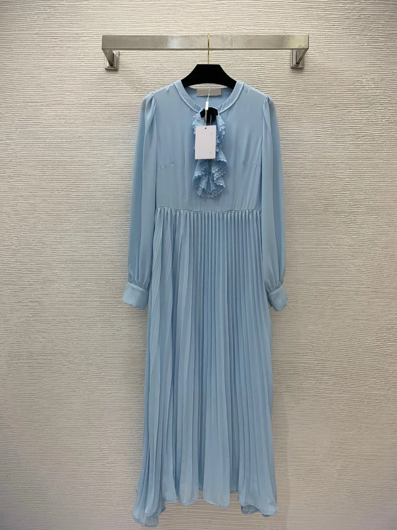 Autumn Blue Solid Color Ruffle Lace Ribbon Brooch Dress Long Sleeve Round Neck Pleated Midi Casual Dresses B3S201409