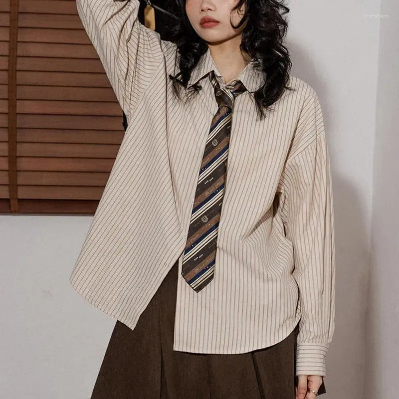 Blusas de mujer M-XXL Camisa de manga larga a rayas verticales para mujer Ropa Otoño Vintage Preppy Loose-Fit Estilo japonés Casual Chic
