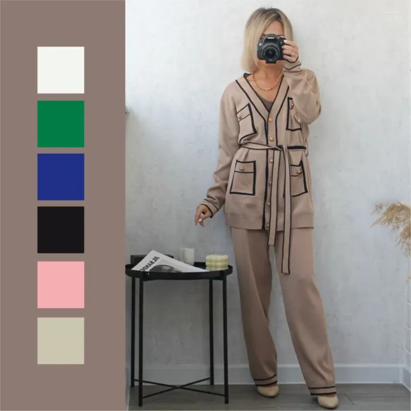 Pantalons deux pièces pour femmes Style Preppy Tricot Femmes CardiganTracksuits Casual Single Bread Cardigan Tenues Pantalons longs Ensemble de costume à jambes larges