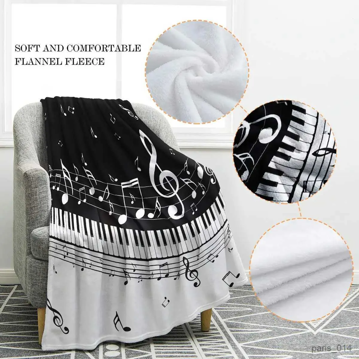 Couvertures avec notes de musique de Piano, couverture chaude et moelleuse en polaire noire et blanche, literie en flanelle pour lit, canapé, décoration de la maison