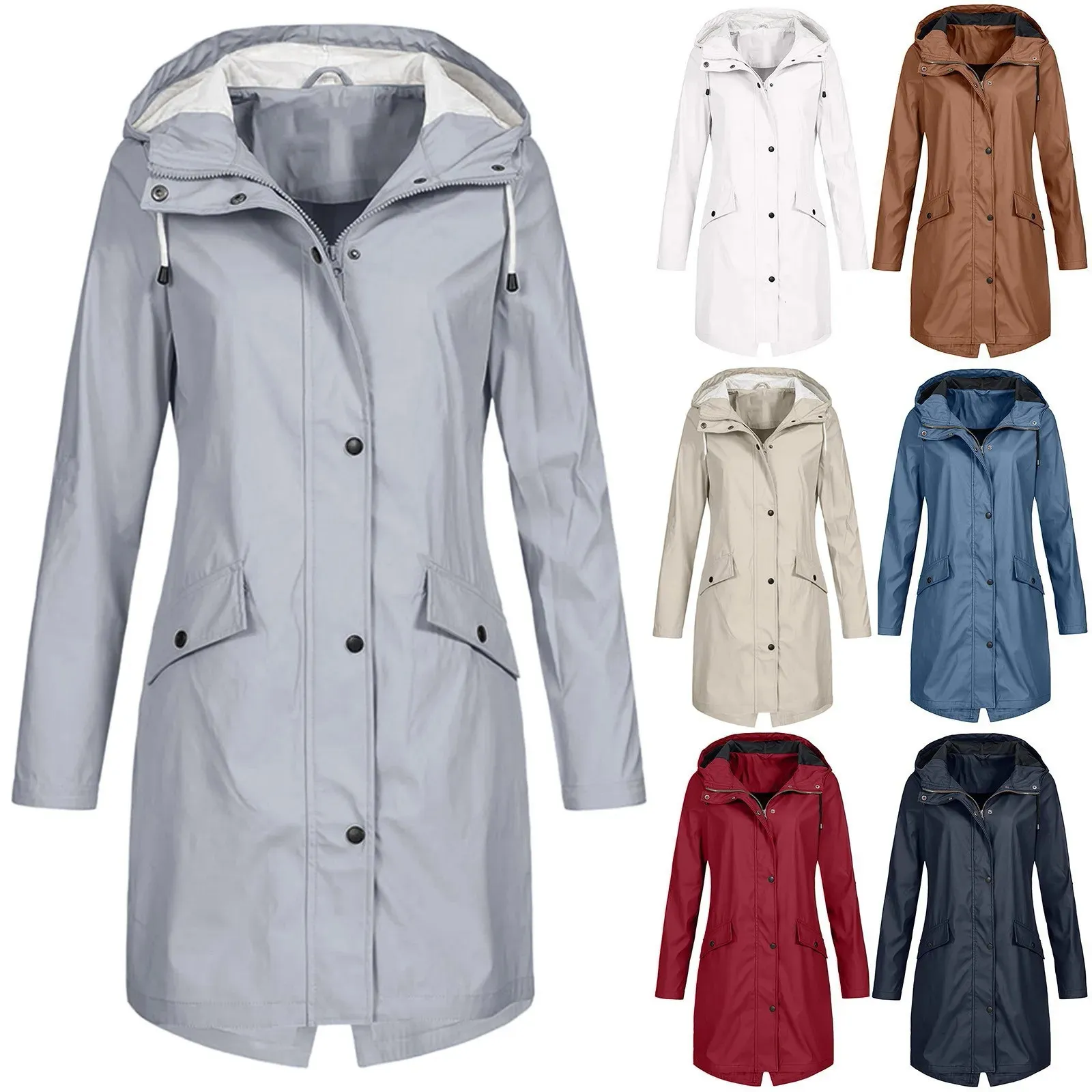 Femmes Trench Coats Mode Femmes Manteau à capuche Casual Lady imperméable coupe-vent longue veste boutons fermeture éclair manches féminines vêtements d'extérieur 231023