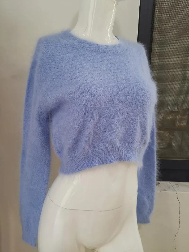 Kvinnors tröjor fluffiga mink kashmir tröja rund hals mjukt varm pullover