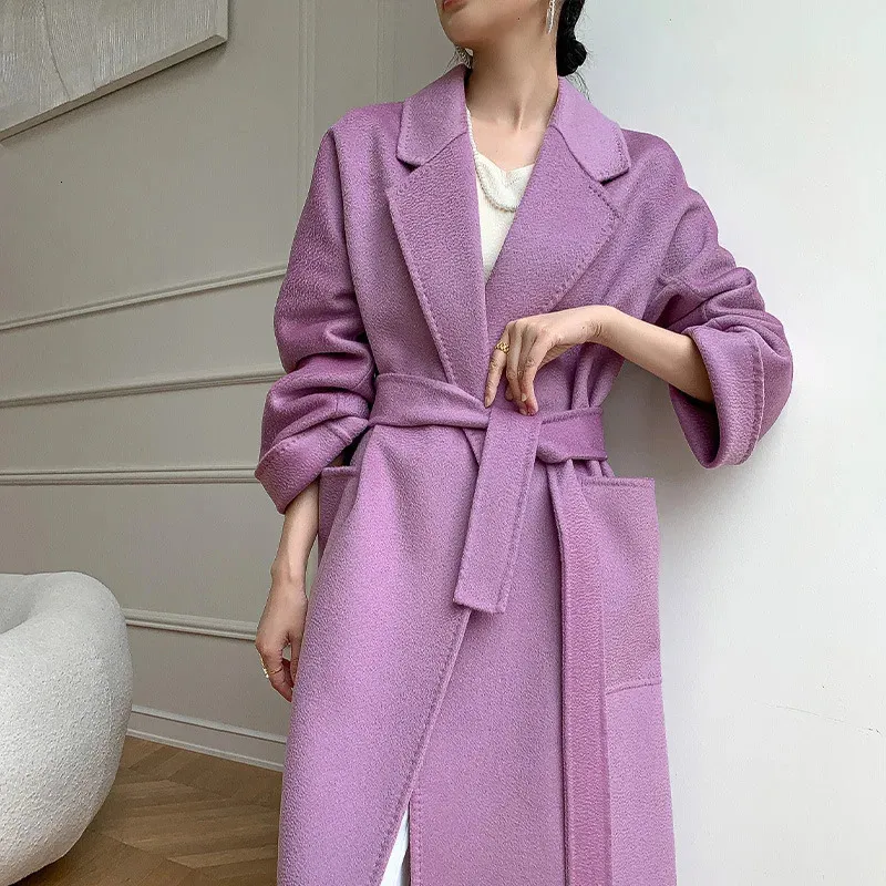 Women's Wool Blends 2023 Water Ripple Double Sided 100 Coat Bathrobe Laceup Long Jacket For Women Korean Fashion Casaco Feminino 231023