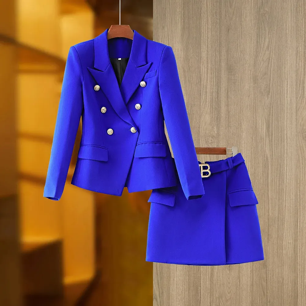 Damskie garnitury Blazers Office Ladies 2 -częściowy spódniczka garnitury Kobiety jesienne czerwone niebieskie podwójne piersi Slim Blazer Mini Street Clothing Fashion Fashion Set 231024