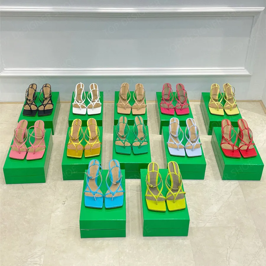 Top Quality Sapatos de Salto Alto Simples Flip Flops Toe-Lock Ankle Straps Sandália Stiletto Saltos Vestido Sapatos 9.5cm Designer de Luxo Sandália Mulheres Verde Rosa Amarelo Vermelho Com Caixa