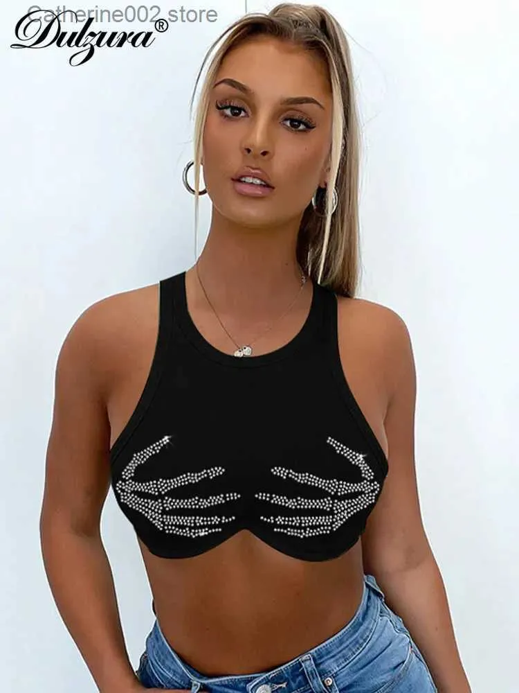 Kadın Tankları Camis Dulzura Şeritli ışıltılı kristal rhinestone bodycon kadınlar mahsul üst camis y2k kıyafet kıyafetleri sokak kıyafeti parti kulübü damla nakliye t231024