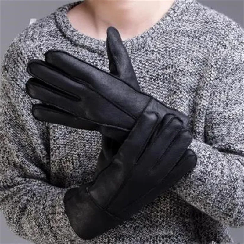 Mode hommes gant mitaines en cuir fourrure hiver hommes cinq doigts gants hommes vêtements accessoires noir gant mitaine