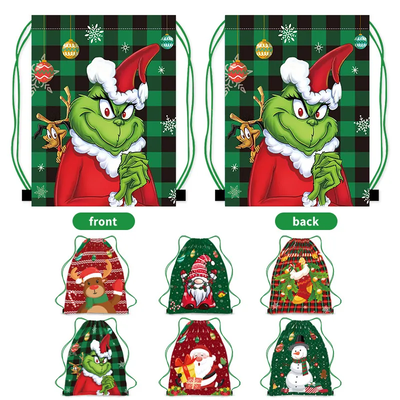 Christmas Drawstring Backpack Gift Bags Xmas Goody Treat Bags Santa Claus Snowman Green Monster Wrapping Gift Bags for Kids Holiday Party Christmas Decorations