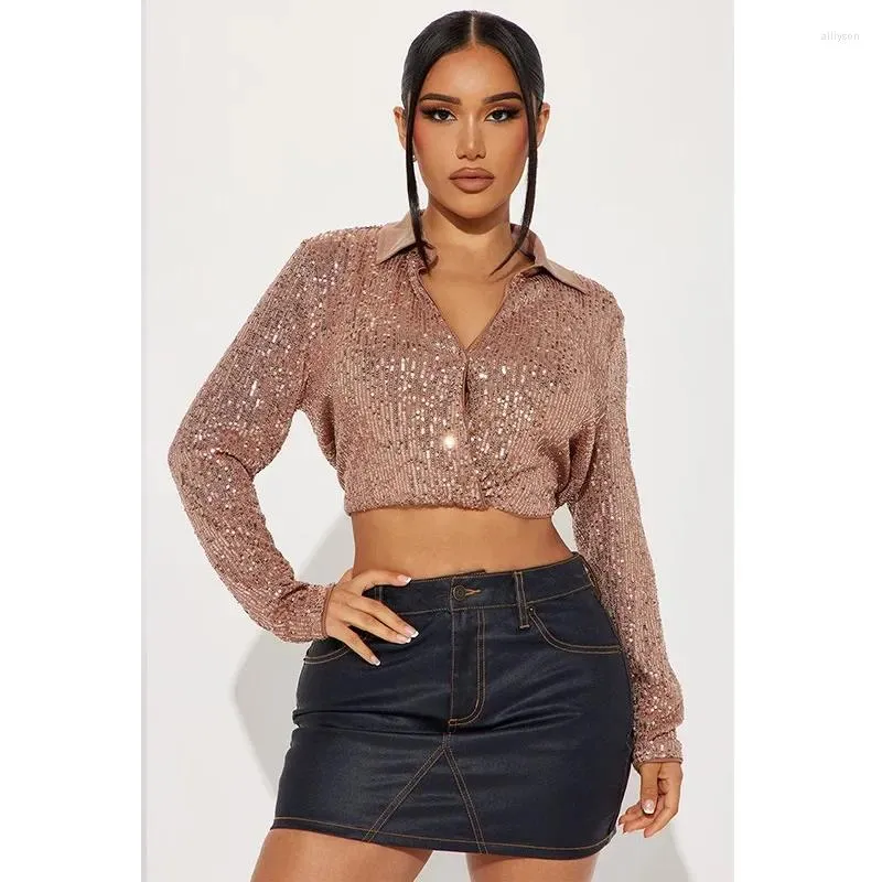 Women's Blouses Gotoola Fall 2023 Sequin Shirt Sexy Women Clothing Girl Solid Color Buttons Long Sleeve Sequined