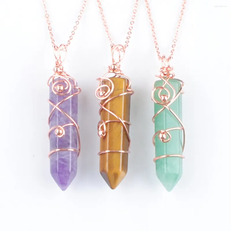 Pendant Necklaces Handmade Wire Wrapped Stone Charm Healing Hexagonal Pointed Pendants Exquisite Clavicle Dinner Party Jewelry TBN547