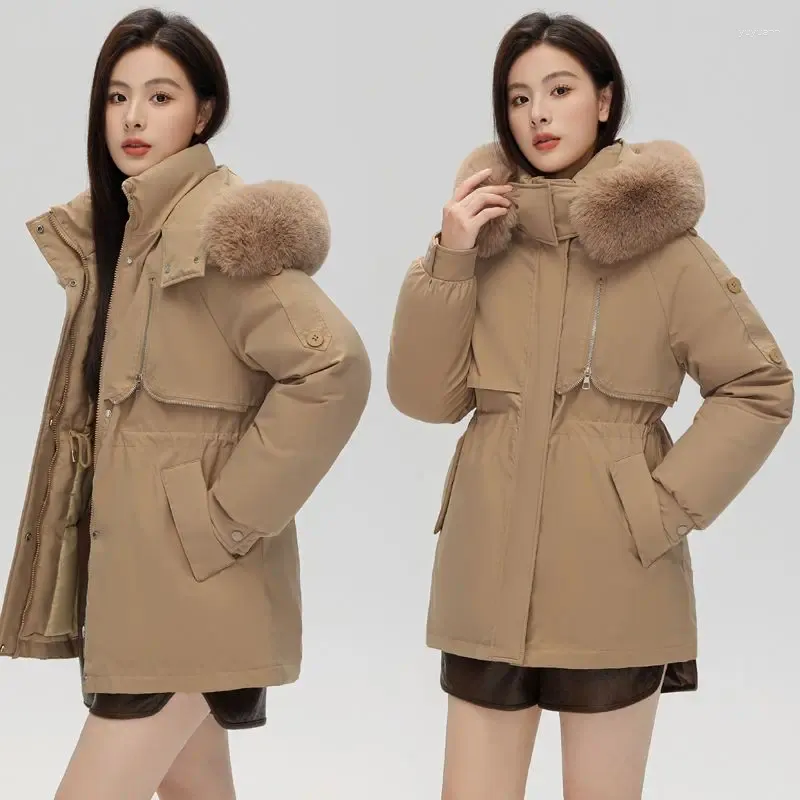 معاطف الخندق النسائي فطيرة المعطف الكورية للقطن للتغلب على 2023 فضفاضة في فصل الشتاء المبطنة مع متوسط ​​طوق الفرو المتوسطة طويلة