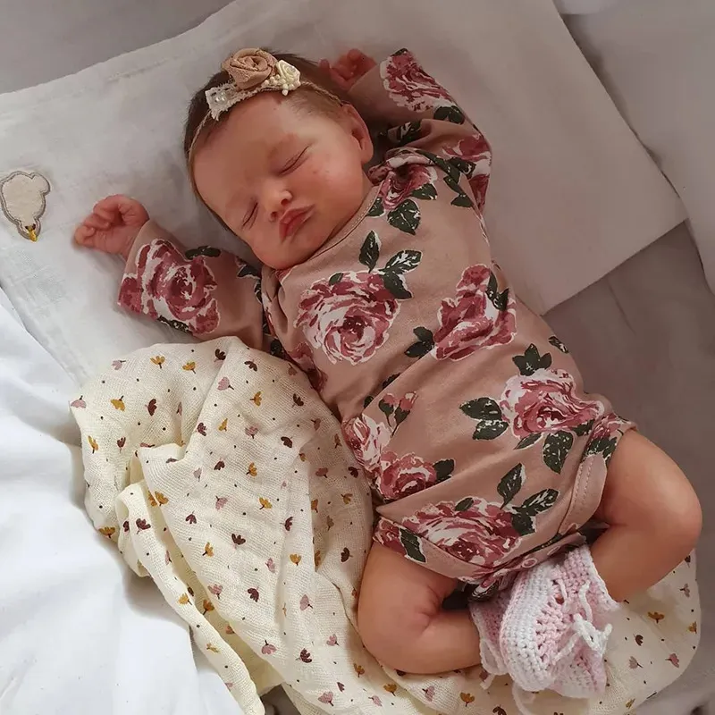 Dolls Handmade Reborn Dolls 20inch Cute Reborn Sleeping Baby Doll Girl Rosalie with Hand-Rooted Brown Hair and Gift Already Doll 231024