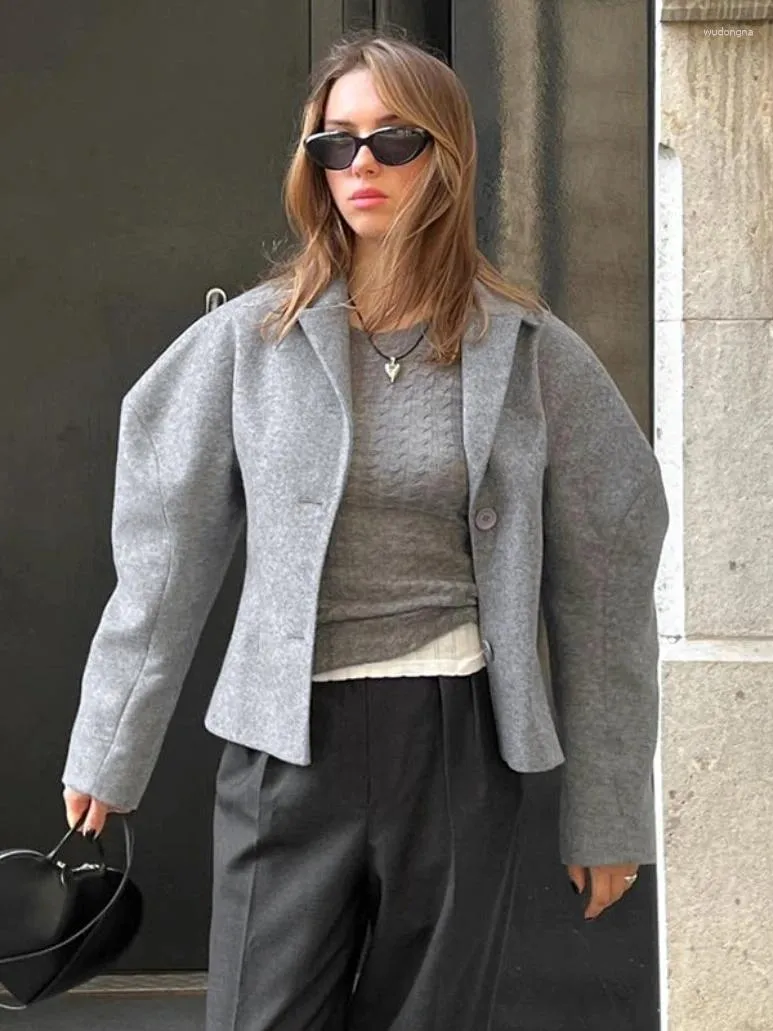 여자 자켓 패션 우아한 퍼프 슬리브 그레이 모직 코트 2023 가을 턴 다운 고리 단일 가슴 슬림 겉옷 하이 스트리트 재킷