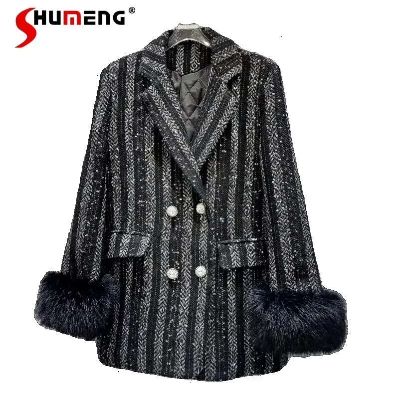 Women's Suits Blazers Winter Suit Furry Cuff Diamond Drills Tweed Quilted Long Sleeved Blazer Double-breasted Overcoat Outwear Women's Jacket 231024